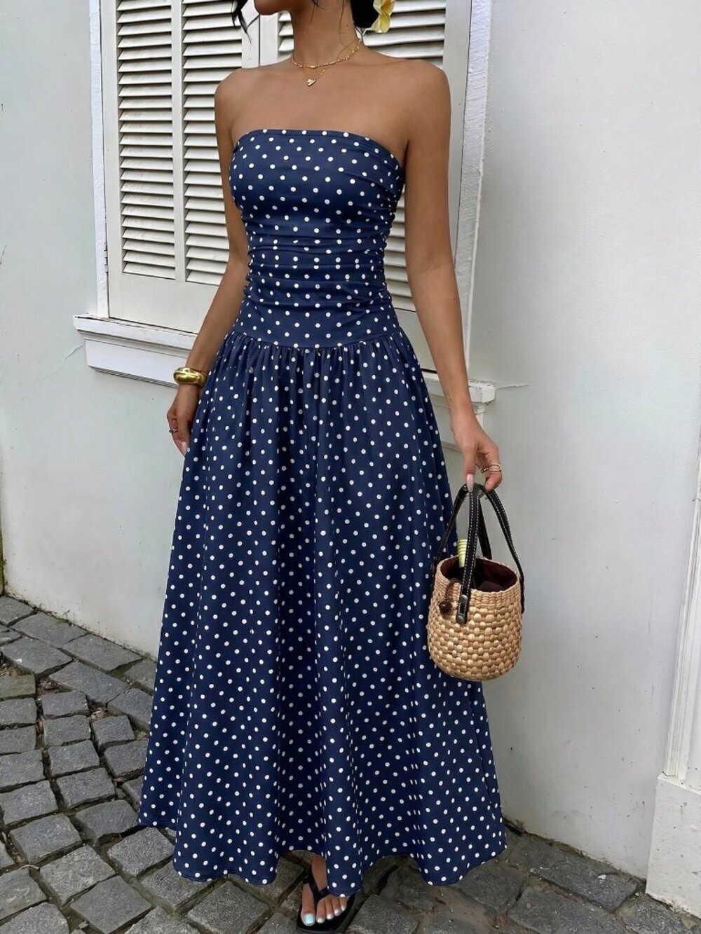 Navy Blue Casual Women's Polka Dot Print Vacation Dress